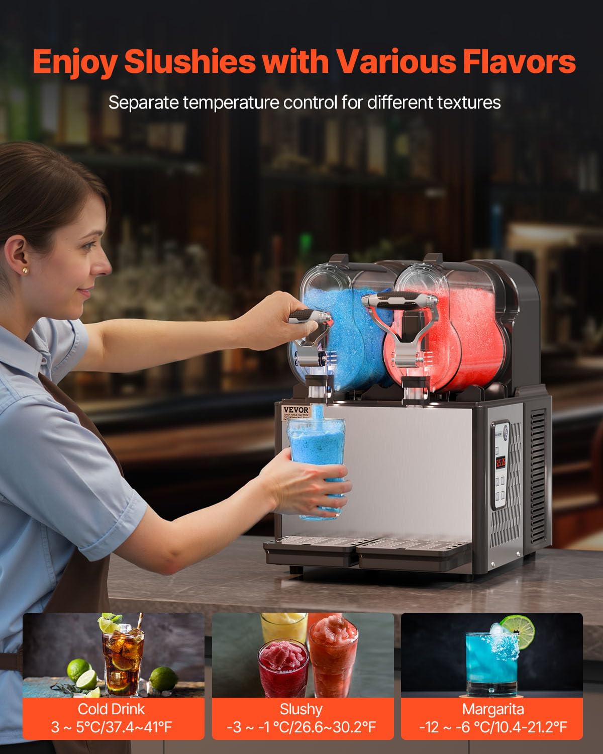 VEVOR Machine à Granité Commerciale 2x3L Double Réservoir, Machine à Boissons Glacées en Inox de 24 Tasses, Distributeur de Boissons Frappées Granitas Margarita Smoothie, pour Restaurants Cafés Bars
