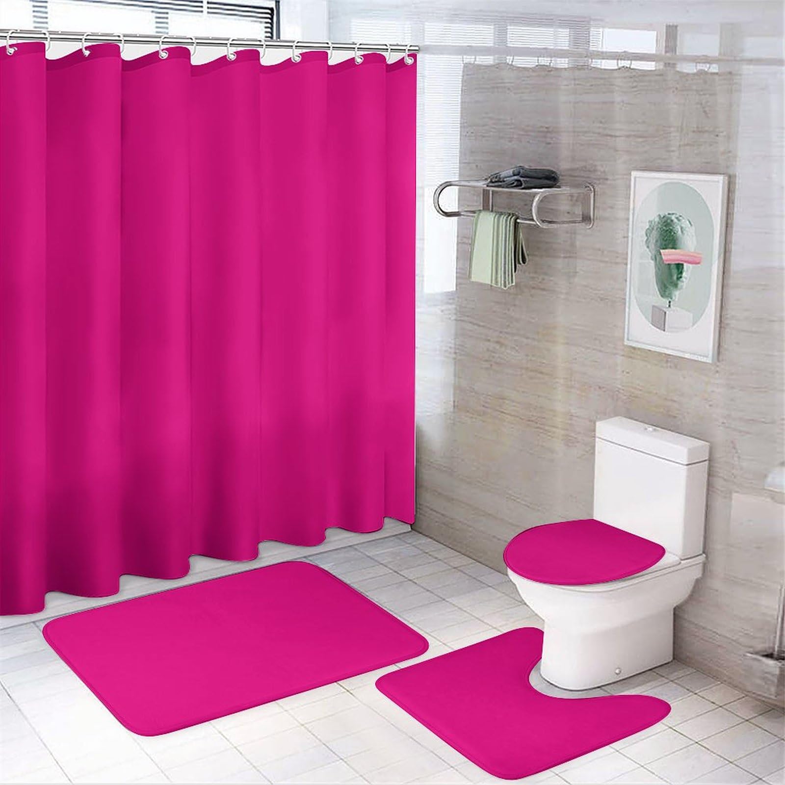 4pcs Shower Curtain Sets, Hot Pink Chic Square Bathroom Sets with Shower Curtain, Bath Rug, U Shaped Contour Mat & Toilet Lid Cover