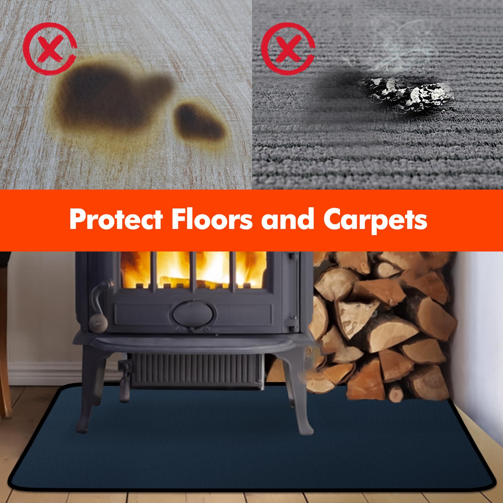 Tapis de foyer pour cheminées, 120 x 90 x 0,1 cm, tapis ignifuge pour poêle à bois, cheminée, intérieur et extérieur, protège les sols et les tapis contre les étincelles, bleu