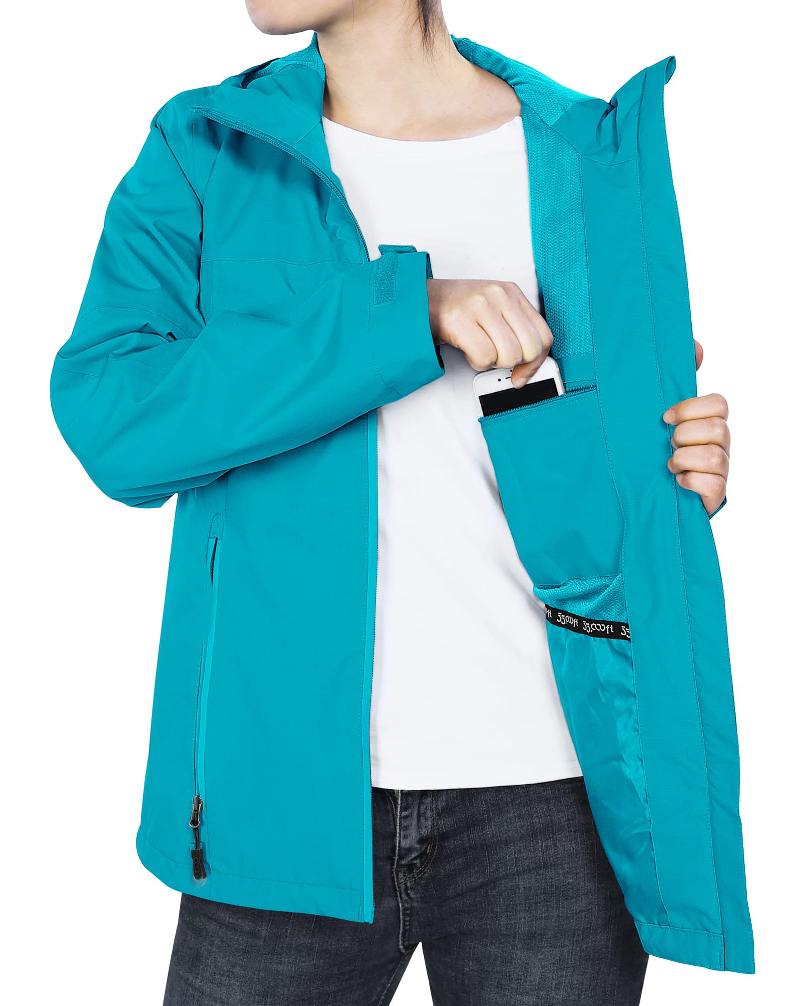 33,000ft Chaqueta impermeable para mujer, chaqueta de entretiempo transpirable, chaqueta ligera con capucha, cortavientos para senderismo, viajes, ciclismo, azul verde, 46