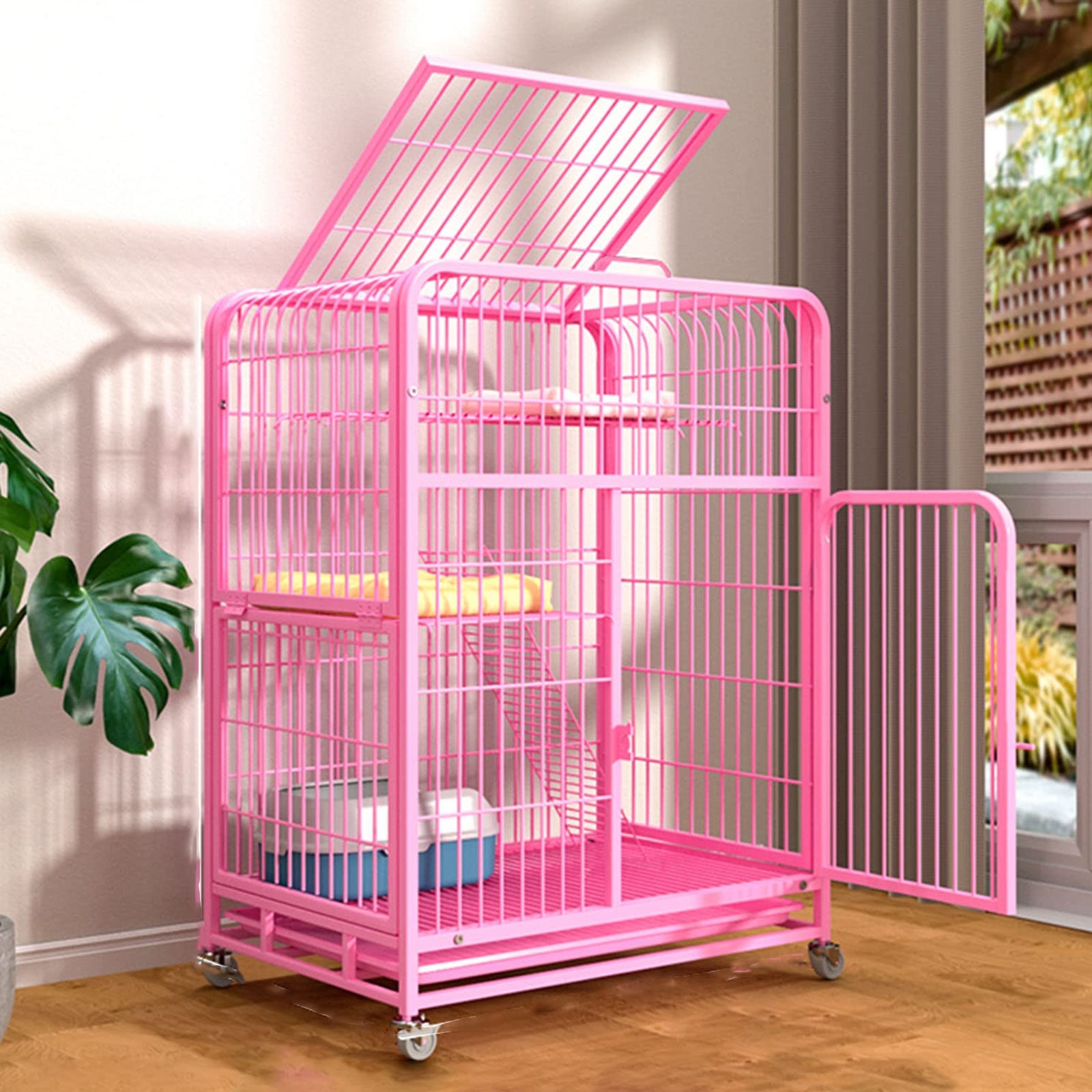 Jaula de hurón para animales pequeños con cerraduras de puerta y bandeja, jaula de metal para mascotas con rampa y escaleras para hurones, conejos y chinchillas