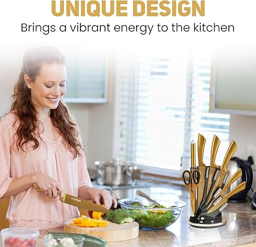 Miniatura 6 de Juego de cuchillos de cocina de lujo negro y dorado con bloque y afilador de varilla, 8 cuchillos de acero inoxidable recubiertos de titanio, juego