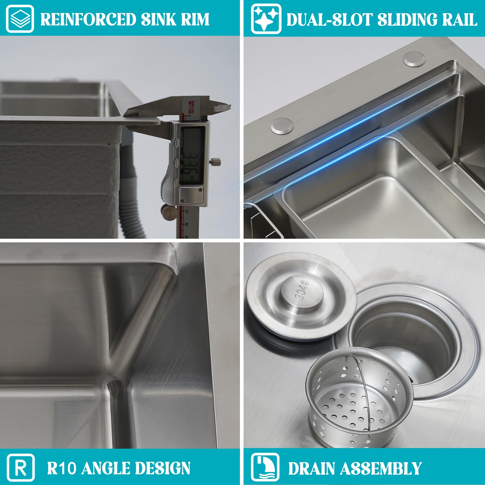 Lavello da cucina in acciaio inox 304, 85 x 50 cm, lavello da incasso, 1 vasca con sgocciolatoio, lavello multifunzione con cestello sgocciolatoio, sifone, set di scarico e troppopieno, lavello