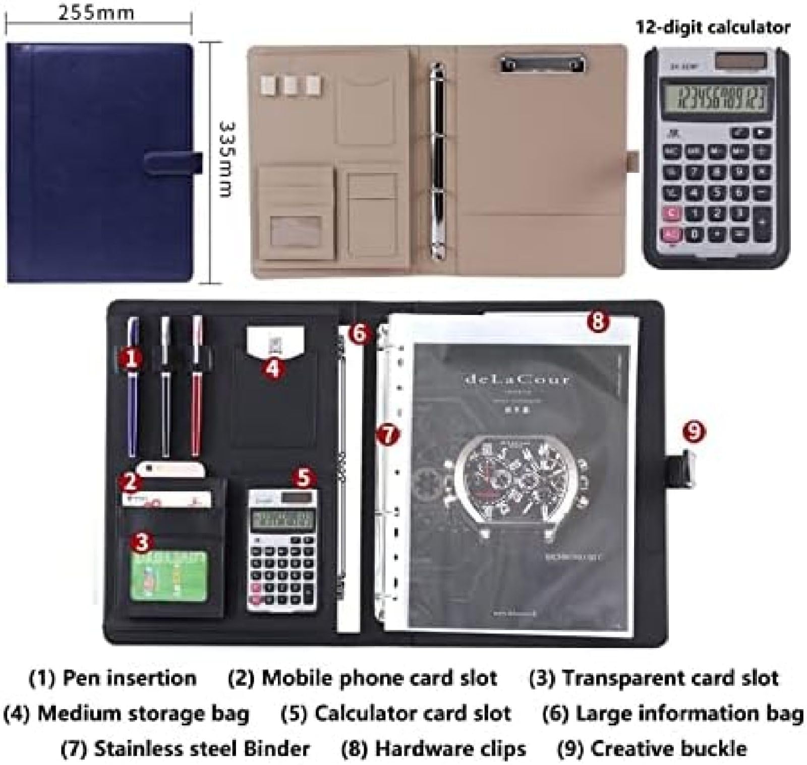 Cartella da Lavoro con 4 Raccoglitori Ad Anelli, Cartella in Pelle, Blocco Note con Calcolatrice Solare, Organizer per Portfolio, per Interviste, Conferenze E Presentazioni,Marrone,Picturesque234