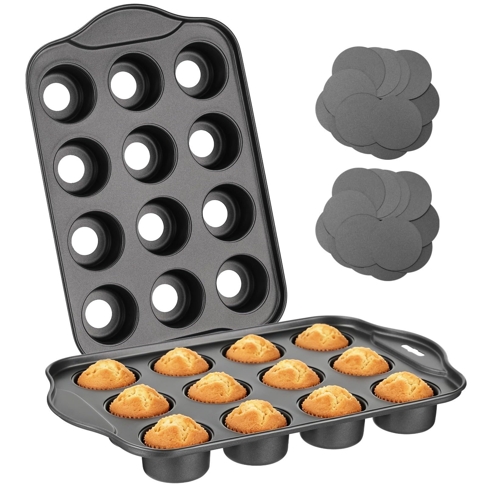 Lot de 2 mini moules à muffins, 12 cavités, en acier au carbone, plaque de cuisson pour cupcakes avec fonds amovibles, revêtement antiadhésif, pour mini cheesecakes, quiches et pain de maïs