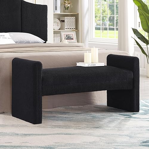 Miniatura 1 de 24KF Modern Boucle Teddy Lovely Bench, banco de cama tapizado, banco de entrada, otomano con reposabrazos 5062-gris oscuro