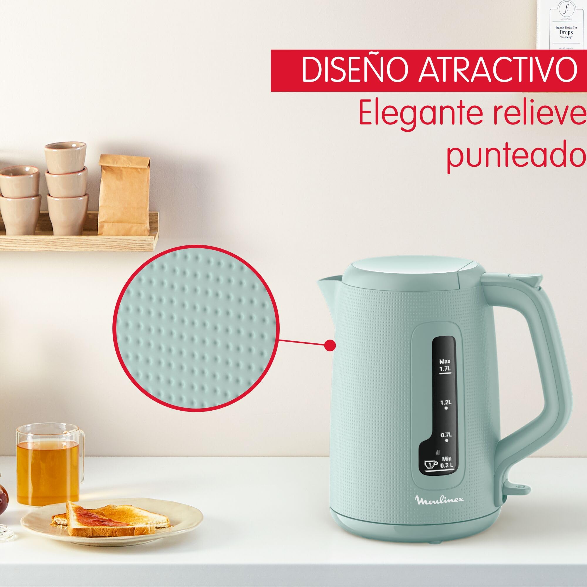 Moulinex Morning Plus 1.7 L – Hervidor eléctrico e inalámbrico, 2400 W, gran capacidad, medidor taza, medidor de agua, filtro antical, base giratoria, incluye infusionador, té e infusiones, BY2M13