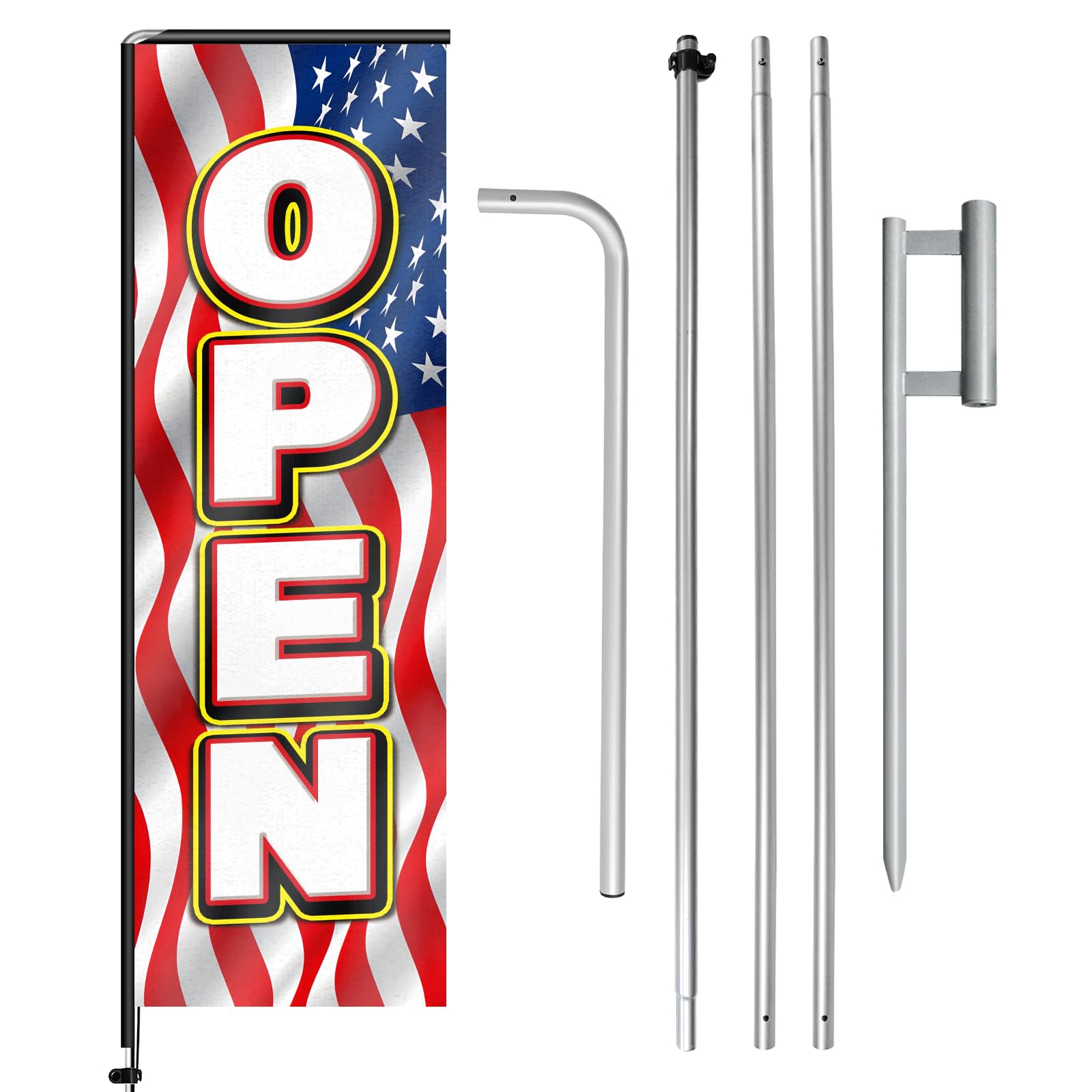 Red Open02 - Bandera rectangular de plumas con kit de mástil de bandera y estaca para el suelo, 11 pies, bandera roja Open02 sin viento, cartel de negocios para publicidad en interiores y