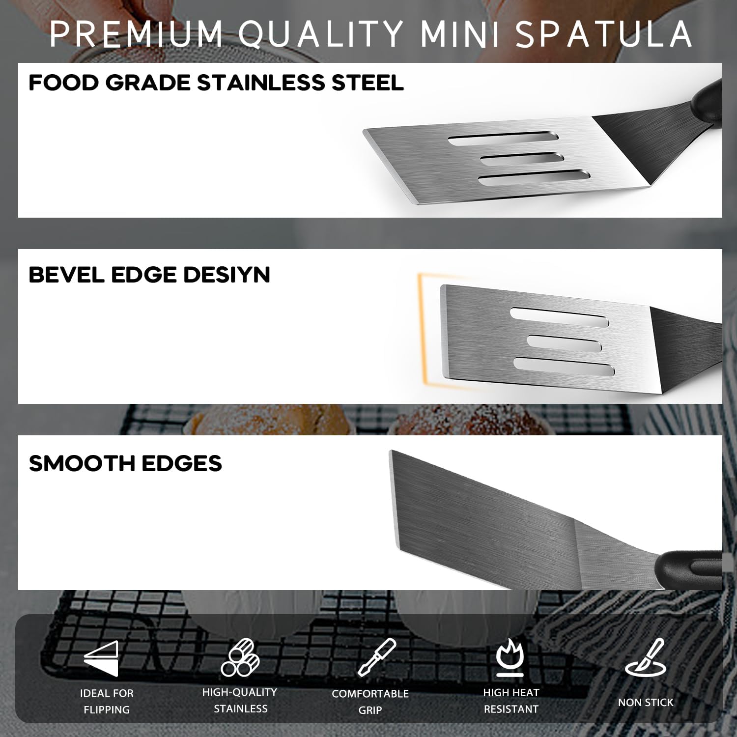 Kleiner Pfannenwender, 3 Stück, Mini-Servierspatel für die Küche, Metallspatel zum Servieren und Wenden, ideal für Pfannkuchen, Brownies, Desserts, Kekse, Eier oder kleine Pfanne
