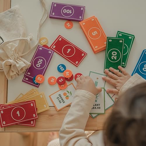 Miniatura 8 de Good Ground Juego de simulación para niños de fieltro educativo Montessori juguete dólares billetes monedas, billetera, juego de conteo para niños