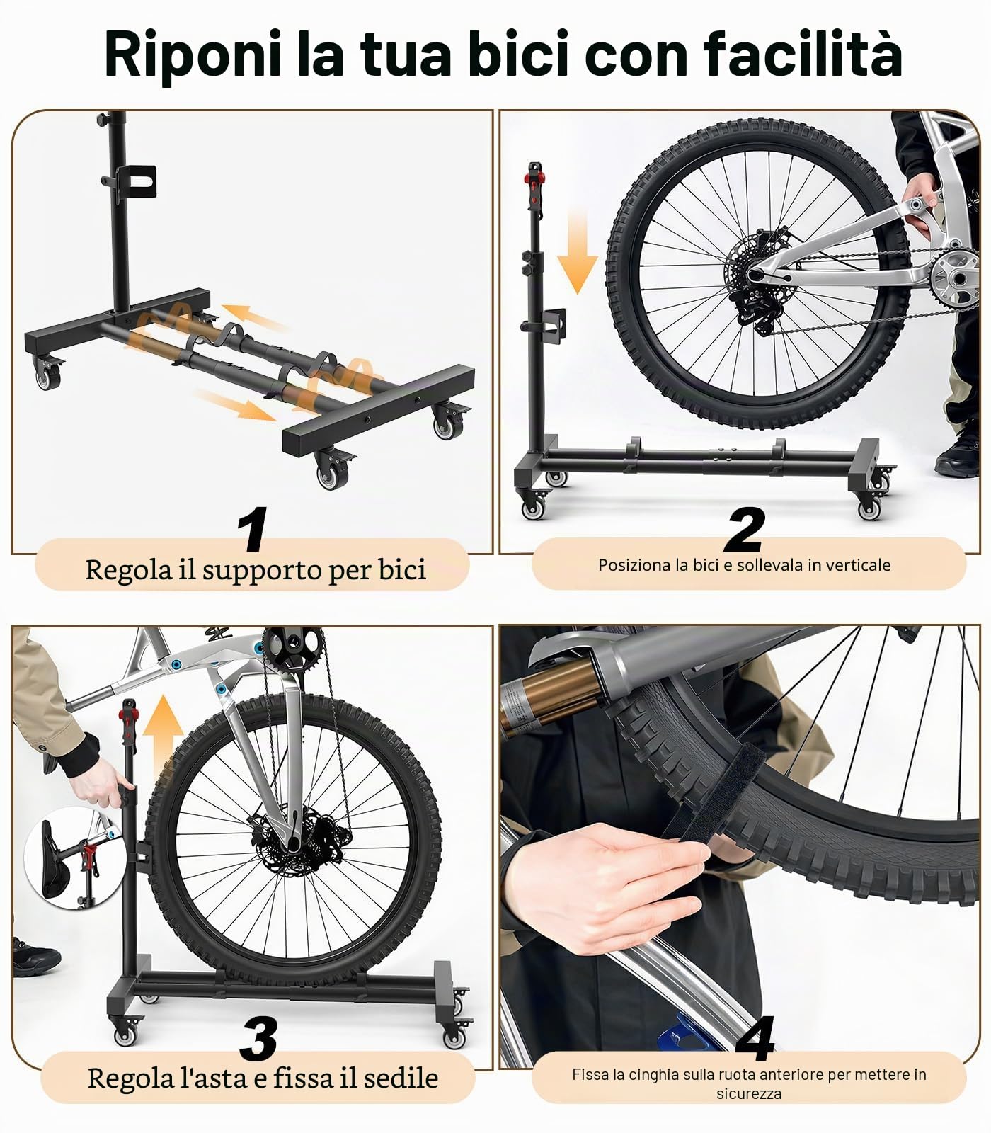 Housolution Supporto Verticale per Bici con Ruote 360°, 2 Unità | Fino a 29 Pollici, Altezza Regolabile, Senza Foratura, Resistente fino a 80 Libbre, Supporto per Garage&Appartamento, MTB