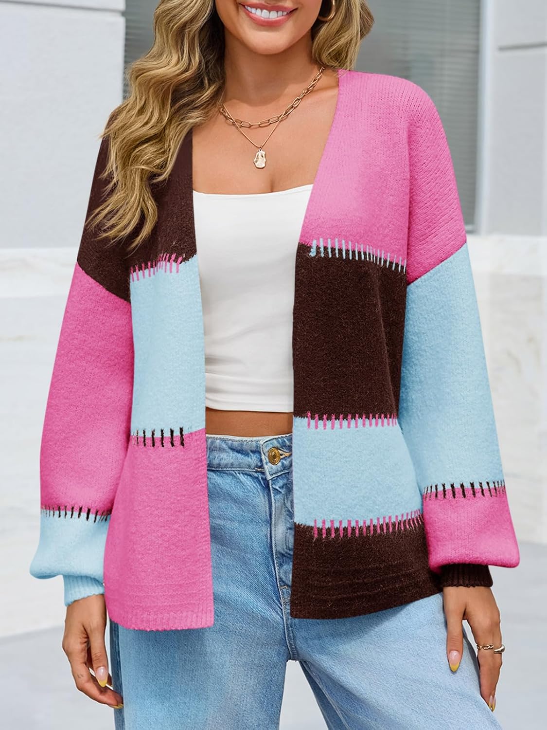 Yousify Womens Cardigan Sweater Color Block Open Front Long Puff Sleeve Casual Chunky Knit Cardigans 2025 Fall Outerwear - Image 2