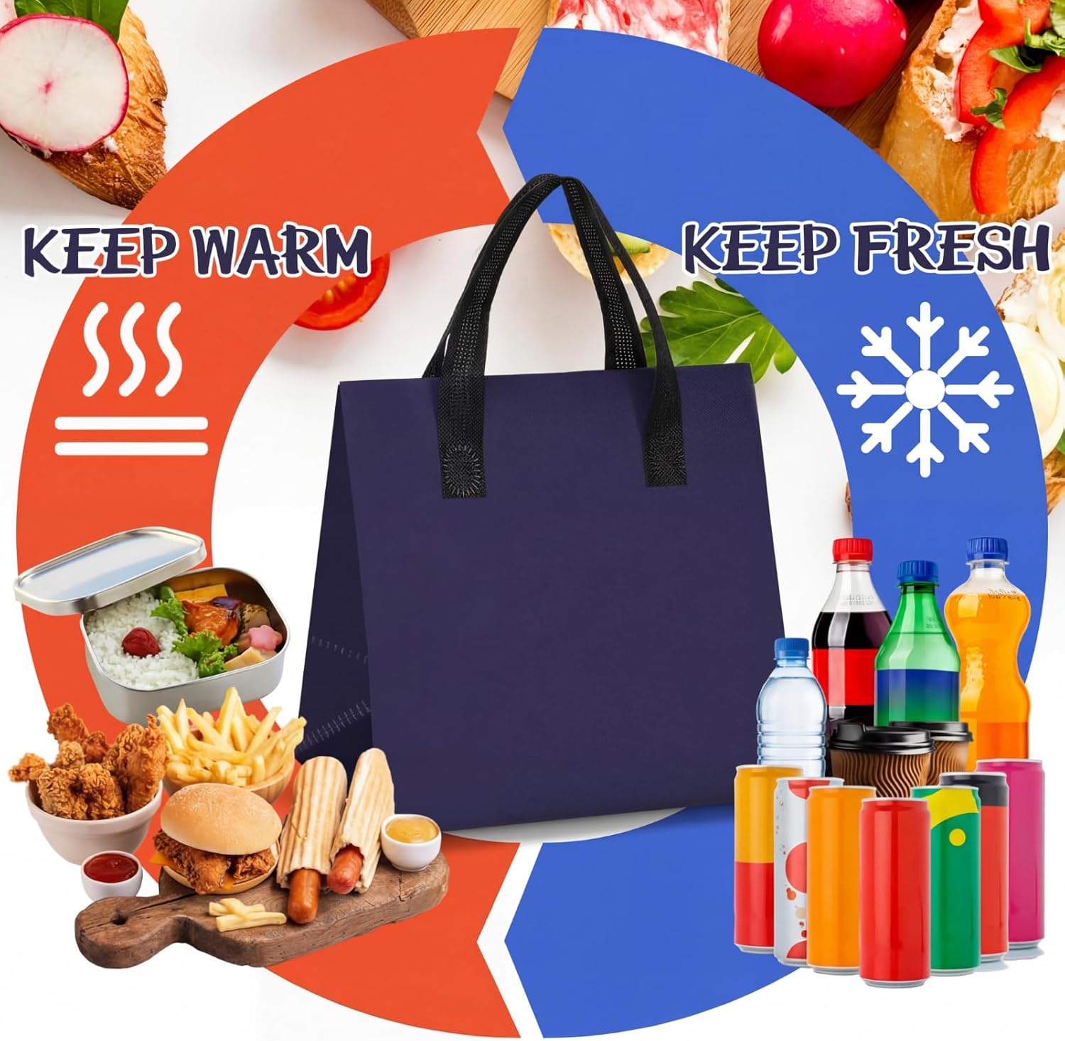 Kacctyen 150 Pcs Insulated Take Away Bags Bulk 9. 5 x 9. 5 x 6 in Disposable Cooler Thermal Lunch Grocery Take out Bags for Grocery Coffee Milk Tea Hot Cold Drink Food Pizza Delivery(Navy Blue)
