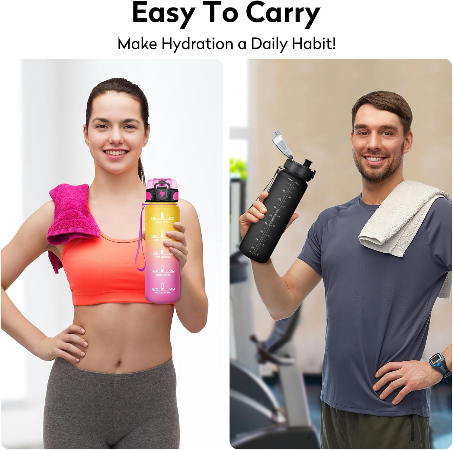 KollyKolla 1L Leak-proof Gym Water Bottle with Filter, Sports Water Bottle with Time Marker, Ideal for Fitness, Yoga, Running, Hiking, Cycling, School, Camping, Office