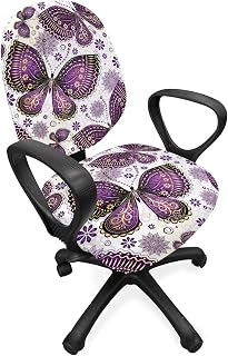 Ambesonne Natural Office Chair Slipcover, Butterflies with Paisley Motif on Wings Flowers Art Print, Protective Stretch Decorative Fabric Cover, Standard Size, Purple White