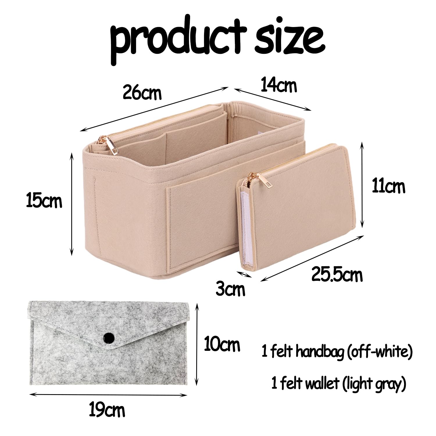 1 filcowa torba z 1 filcowym portfelem, organizer do torebki, zdejmowana kosmetyczka, kosmetyczka z zamkiem błyskawicznym, dla kobiet (beżowa)
