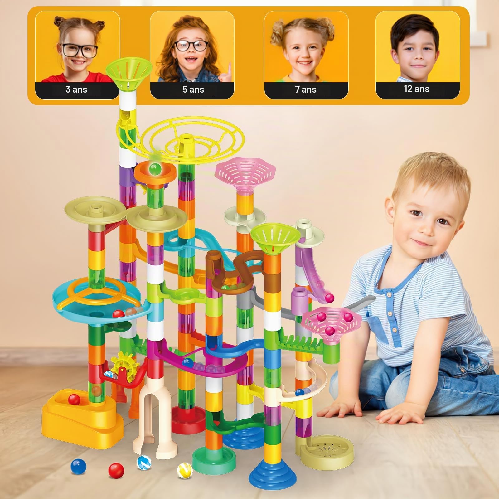 deAO Circuit de Billes 150 Pièces STEM – Jeu de Construction Éducatif | 60 Billes 14mm (15 Verre, 15 Plastique, 30 Phosphorescentes), Motricité Fine, Logique, Résolution de Problèmes, dès 3 Ans