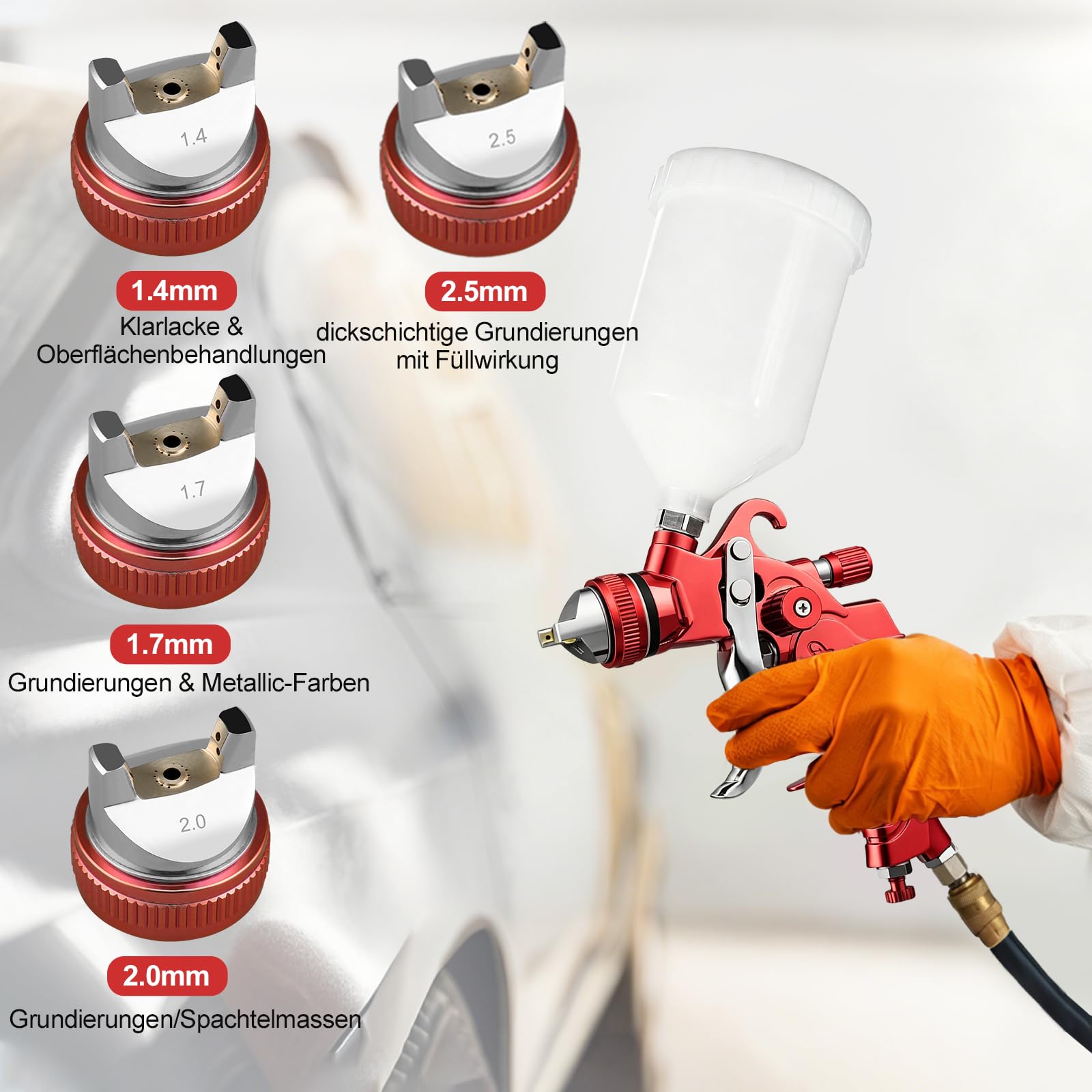 Pistolet HVLP avec Buses de 1,4/1,7/2,0/2,5 mm et manomètre, kit de Pistolet à air Comprenant Un Pistolet à Peinture Automobile à Alimentation par gravité, adapté à la Peinture Automobile