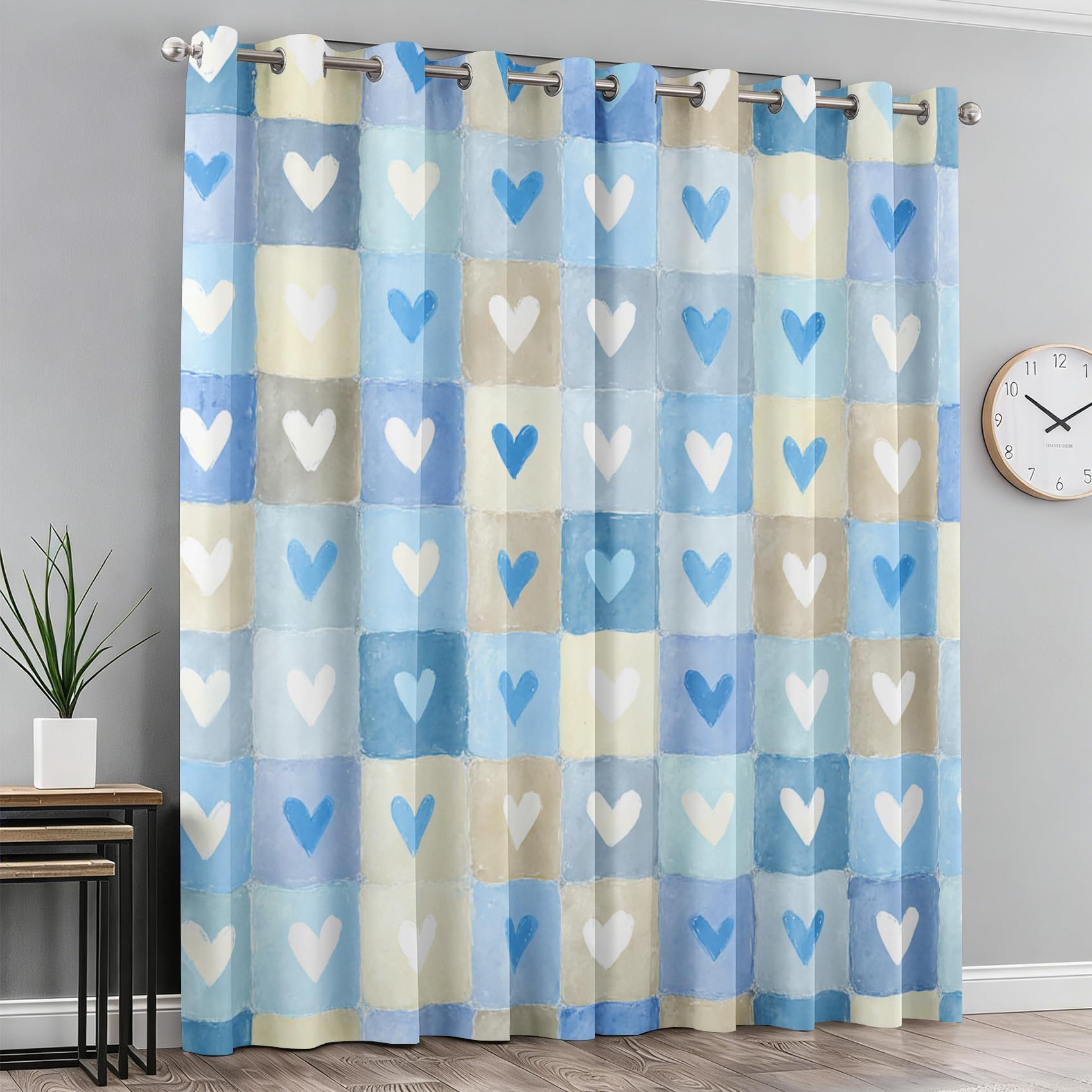 Karierte Herzvorhänge 117 x 229 cm (B x H) Blaue Herz Blickdicht Vorhänge für Wohnzimmer und Schlafzimmer, Thermovorhang 2er Set