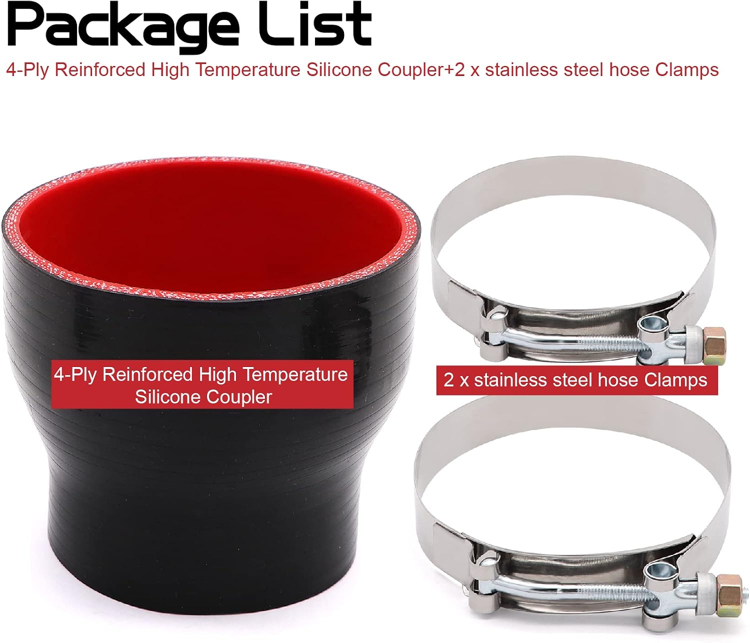 ID 3 inch to 4inch Straight Reducer Coupler Silicone Hose 4-Ply with 2PCS Stainless Steel T-Bolt Clamp