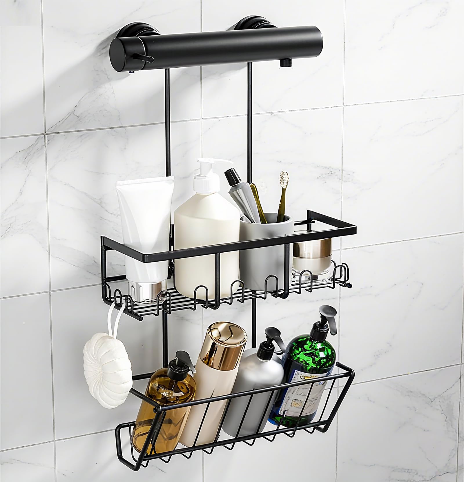 Mensola Doccia A Doppio Ripiano Da Appendere Al Rubinetto, 54 Cm, 12 Ganci, Antigraffio, Montaggio Senza Trapano
