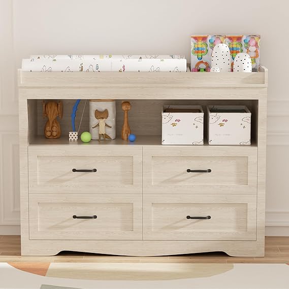 Nursery Dresser Changing Table 4 Drawers Dressers with Changing Table Top Baby Dresser Chest with Open Storage Changing Station with LED Light Diaper Changing Station Nursery Organizer,Beige