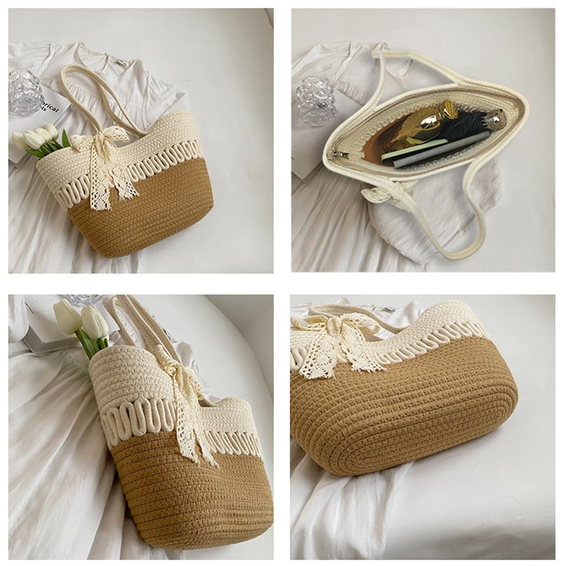 Pahajim Sac Cabas Femme Sac Fourre Tout Sacs a Main Crochet en Corde de Coton Chic Sacs Panier avec Fermeture Éclair pour Voyage Vacances