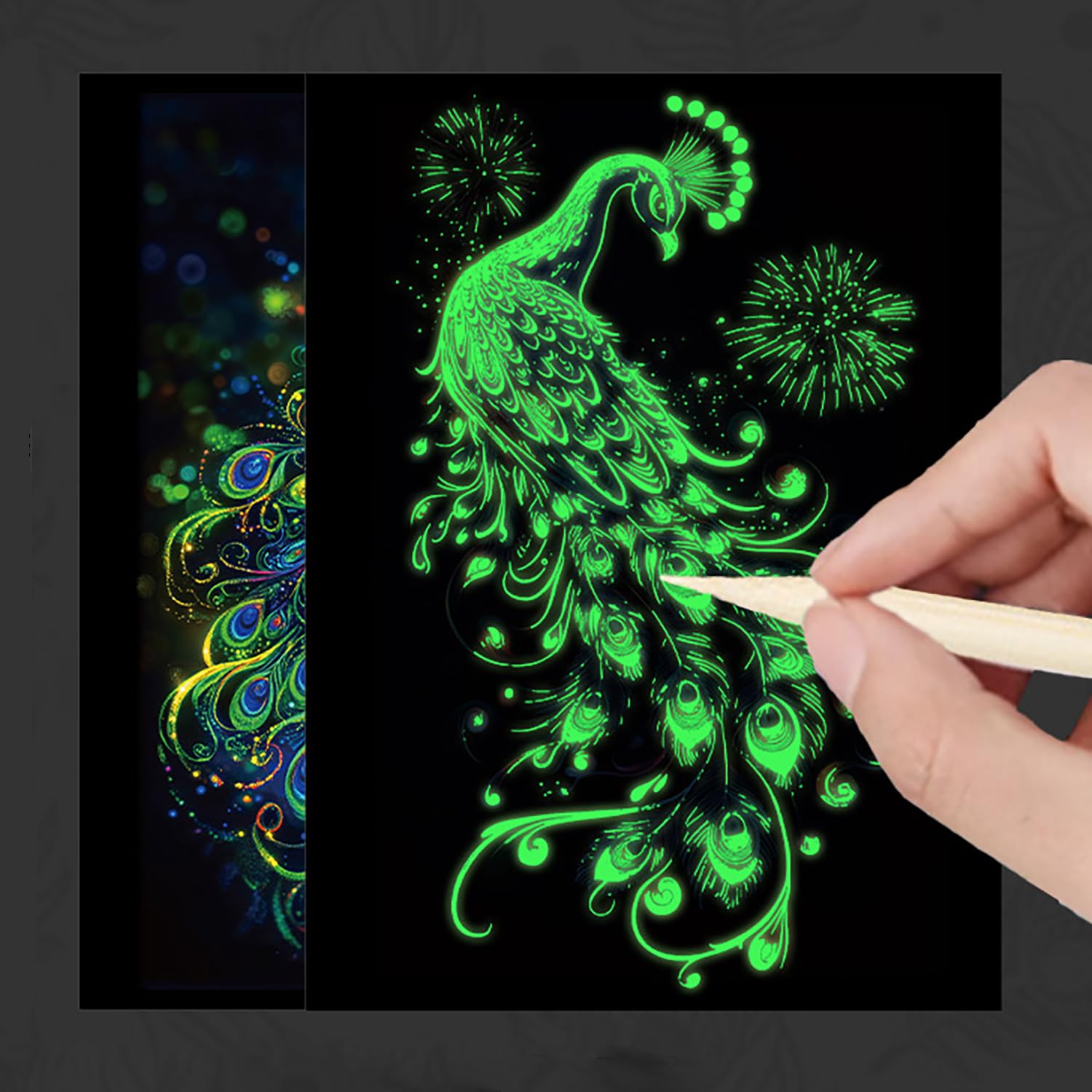 Peintures Carte à Gratter Scratch Painting Peacock Series 4 Feuilles 28,5x21 cm Papier Couché Couleur Glow in the Dark Avec Stylos Pour Adultes Enfants
