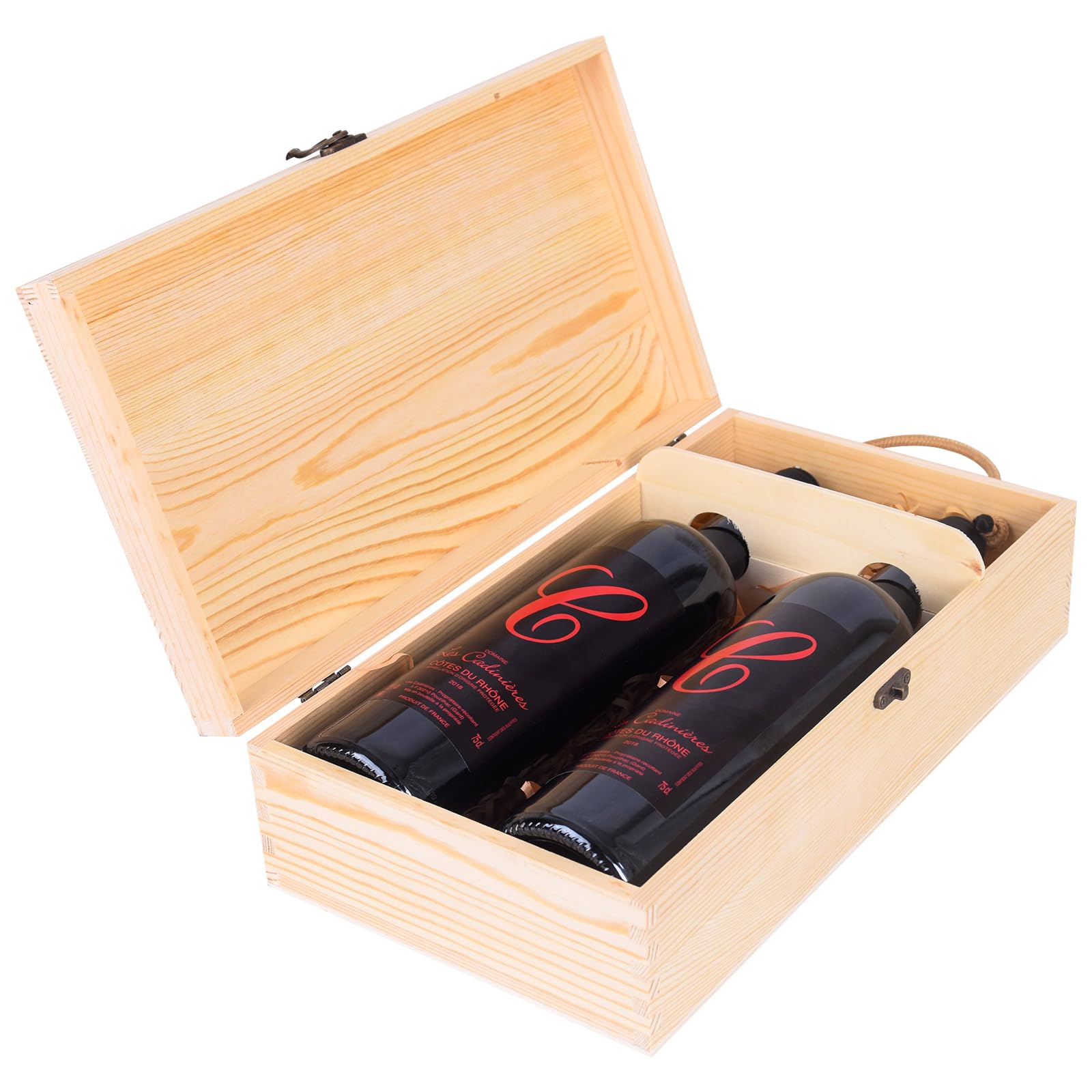 Caja de madera para botella de vino con asa de cuerda, caja de vino de madera, caja de vino de almacenamiento de madera con asa de transporte de cuerda para fiestas, inauguraciones de casa y