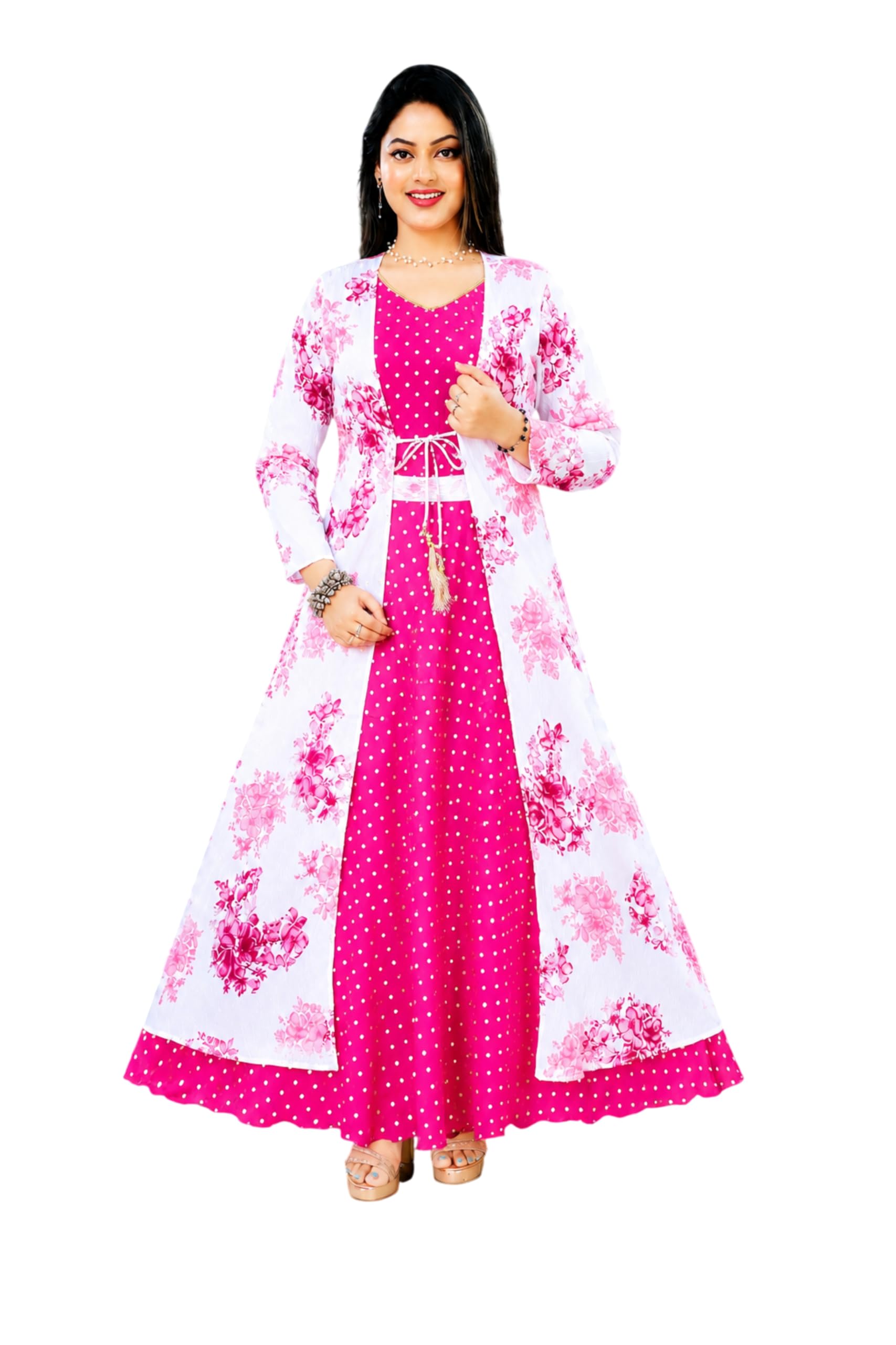 yarnefy Women's Gown Maxi Dress with Jacket | Ethnic Long Frock Koti Shrug Style | Crepe, Foil Print, Festival, Party, S to XXL-picture-30