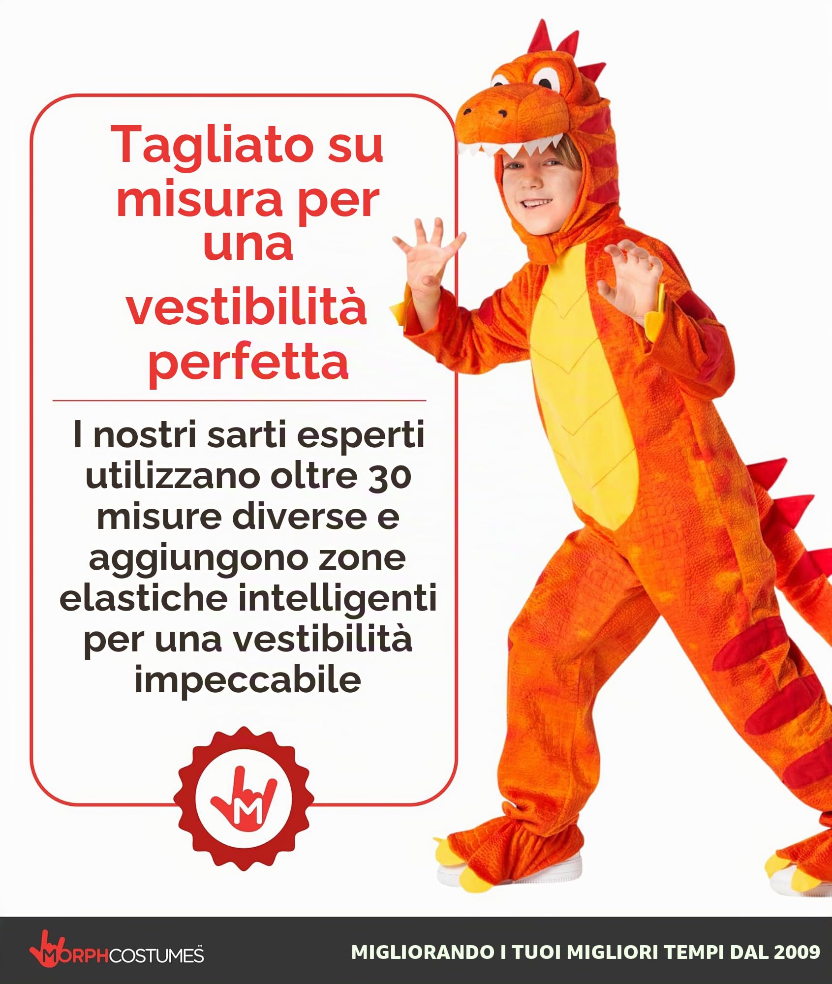 Morph Dinosauro Costume Bambino, Vestito Dinosauro Bambino | Tuta con Coda & Copricapo, Velluto Arancione Goffrato, Da Infilare, Perfetto per Halloween, Ideale per il Gioco di Ruolo