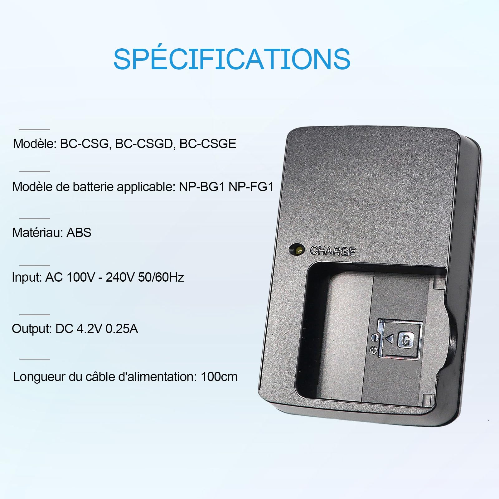 BC-CSGB NP-BG1 NP-FG1 Caricabatterie compatibile con Sony Cybershot DSC-HX5V,DSC-HX9V,DSC-W30,DSC-W35,DSC-W50,DSC-W55,DSC-W70,DSC-W80,DSC-H10,H20,H50,H55 Fotocamera e 120cm AC Power Cord