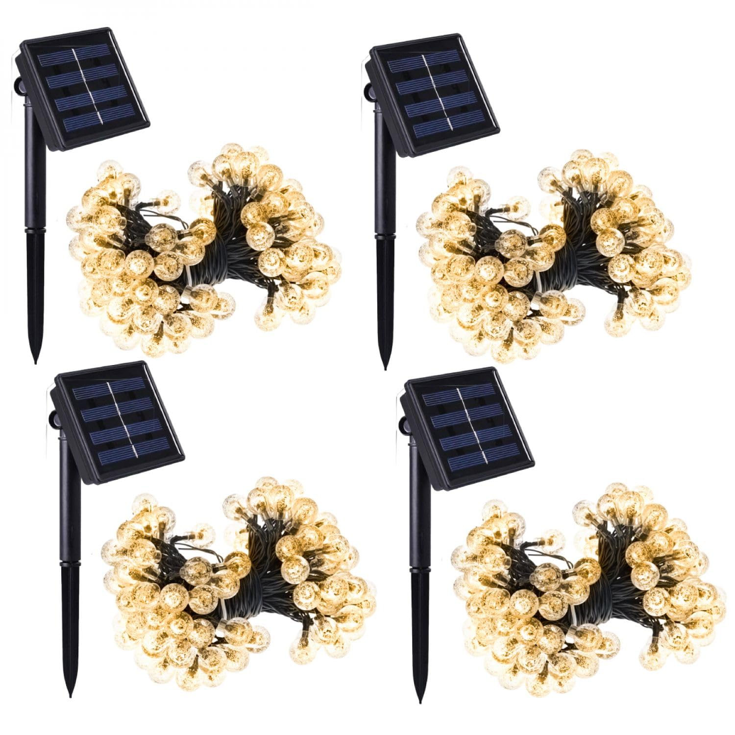 Linxor - Lote de 4 guirnaldas solares exteriores luminosas para jardín o terraza - Bombillas LED grandes Ø 2,2 cm, 8 modos - 17 m - Blanco cálido