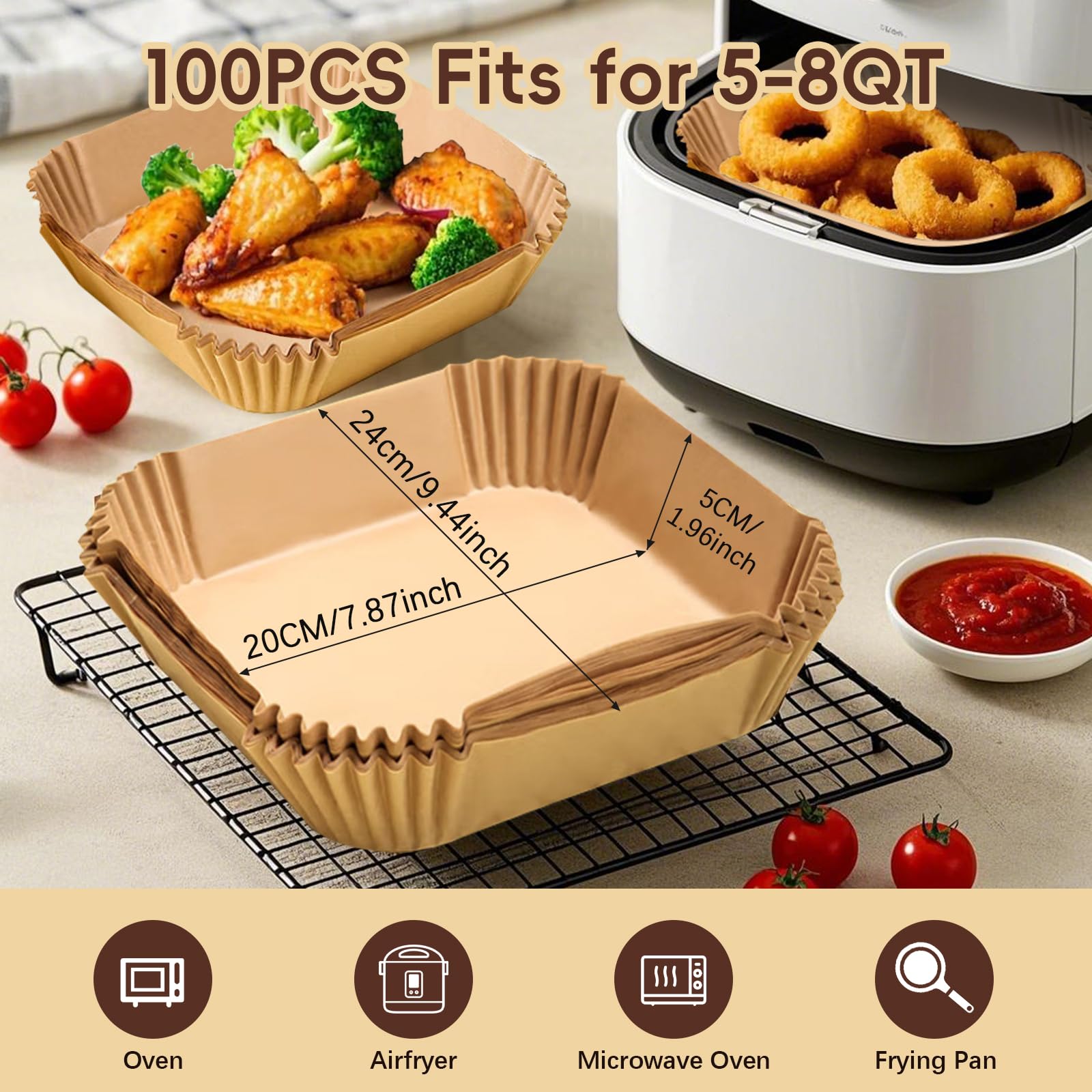 Carta Forno per Friggitrice ad Aria, Vaschette friggitrice ad aria, 100 unità Quadrata Rettangolare 20 x 20 x 4,5 cm, BPA Free, Monouso, Resistente all'acqua e all'olio, Forni Microonde Vaporiere