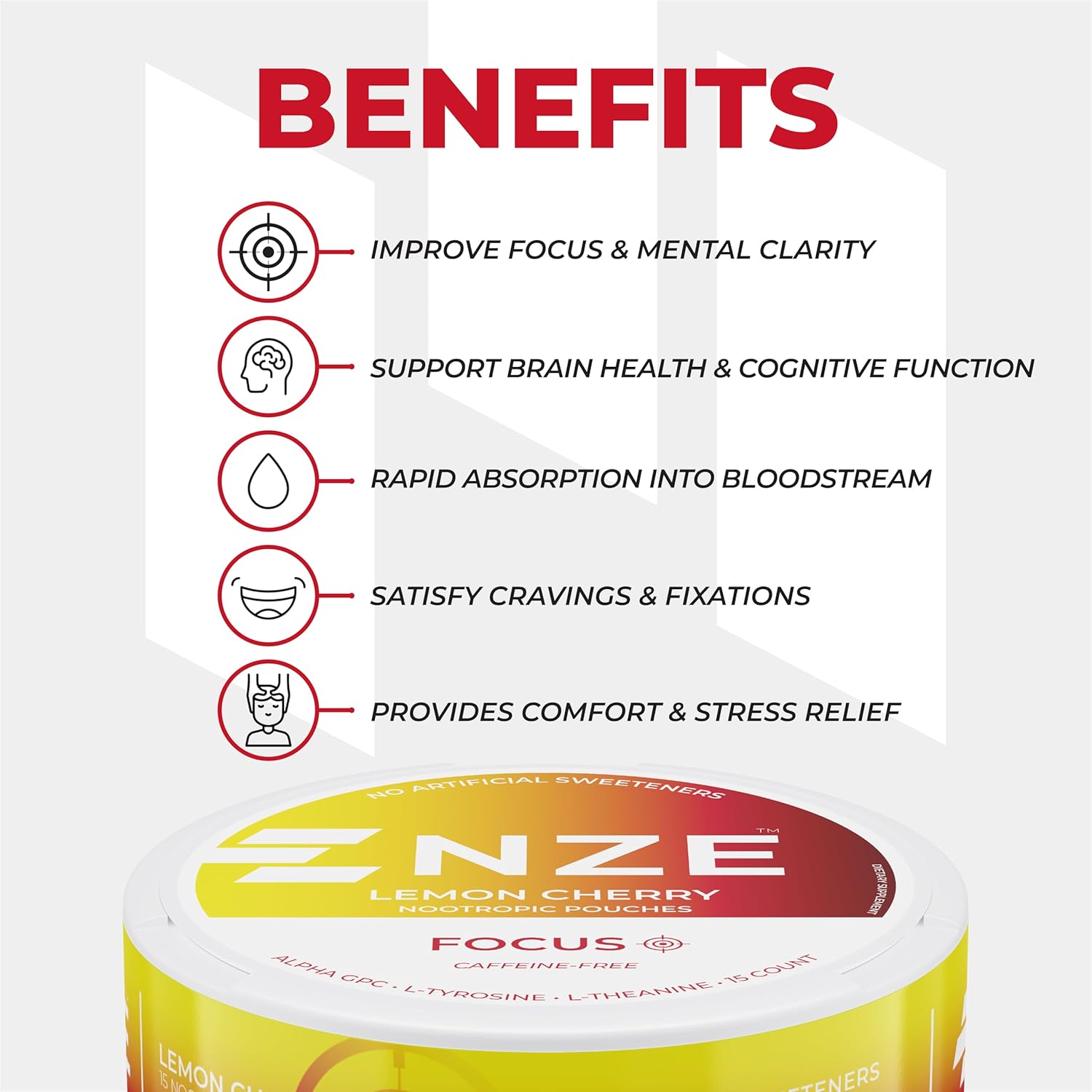 NZE Caffeine Free Nootropic Pouches (Lemon Cherry) - Nootropic Pouches with Alpha GPC, L-Tyrosine & L-Theanine - No Sugar or Artificial Sweeteners - 15 Pouches Per Can - 5 Pack - Image 5