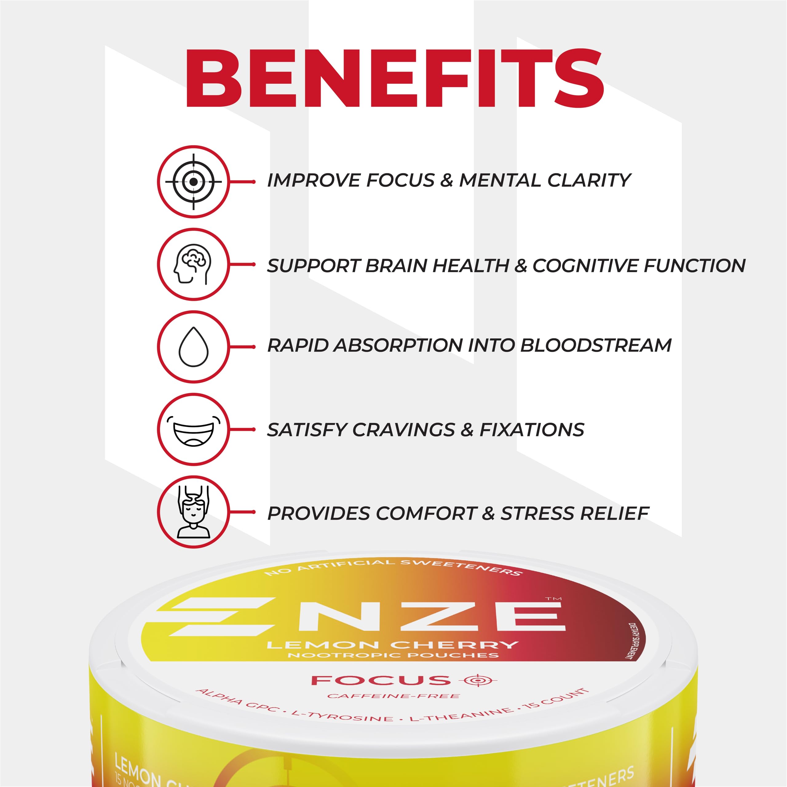 NZE Caffeine Free Nootropic Pouches (Lemon Cherry) - Nootropic Pouches with Alpha GPC, L-Tyrosine & L-Theanine - No Sugar or Artificial Sweeteners - 15 Pouches Per Can - 5 Pack — Amazon image 5