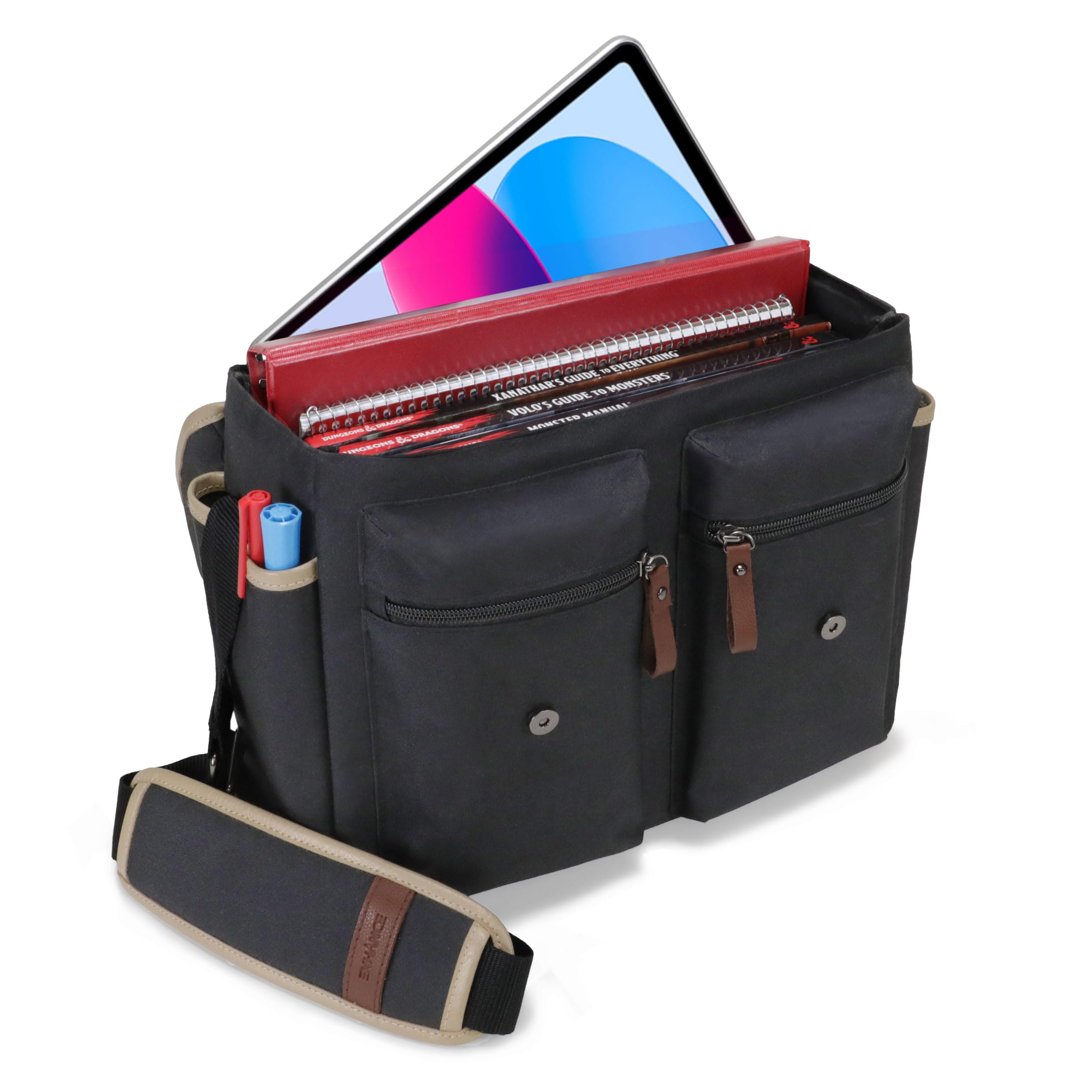ENHANCE Bolsa de Diseño DND: Elegante Bandolera para Jugadores de rol de Dungeons and Dragons. con Espacio para el Manual del Jugador, Carpetas, Dados y Accesorios, y Bolsillos Laterales (Negro)