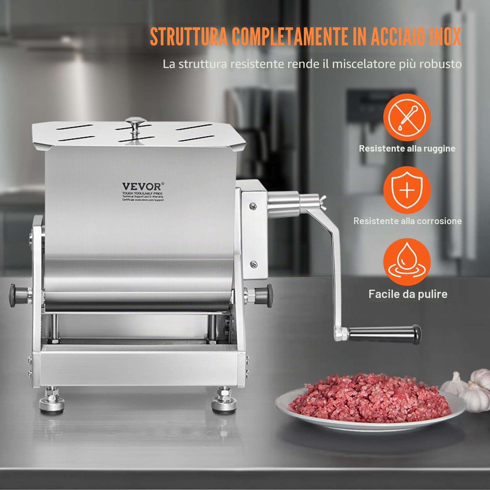 VEVOR Frullatore Manuale per Carne da 13,6 kg Impastatrice Manuale per Carne, Miscelazione Massima di 13,6 kg di Carne, Dispositivo per Lavorazione della Carne con Contenitore Ribaltabile