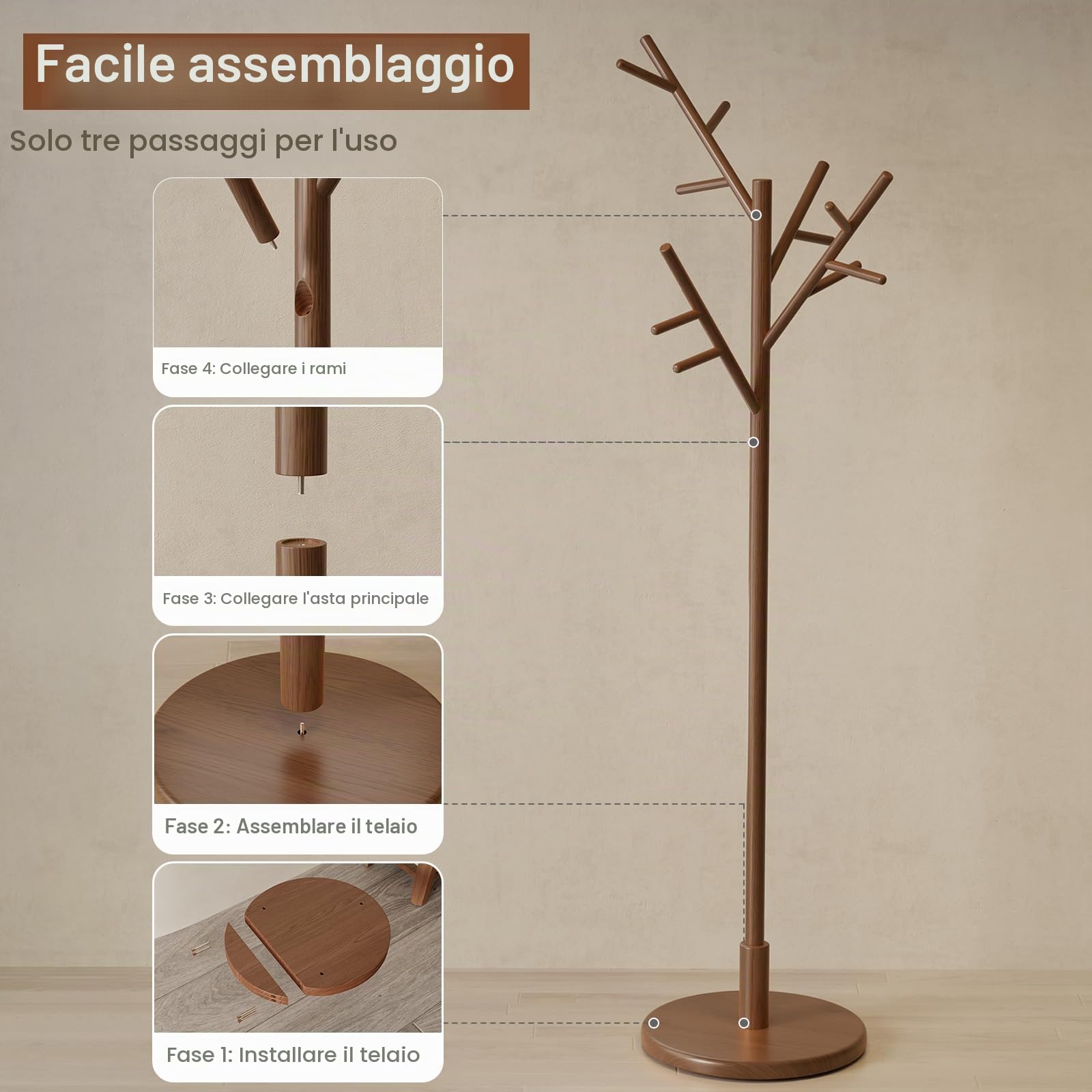 AQIMUELE Attaccapanni, Appendiabiti da Terra in Legno, 12 Ganci, 3 Altezze, per Cappotti, Cappelli e Borse, per Ingresso, Ganci e Palo in Legno di Gomma, Design ad Albero, Noce