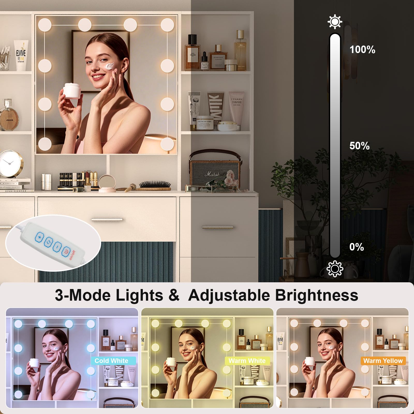 Toaletka z lustrem, toaletka z oświetleniem LED, biurko Vanity do makijażu, 3 kolory z regulacją jasności – 52