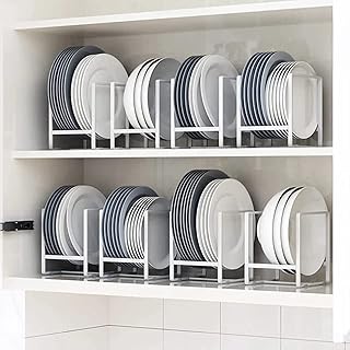 2pcs Kitchen Space Saver Dish Rack, Plate Holder, Dish Drainer, Drying Stand for Cabinet Shelf Organiser Counter Top Storage for the use of Plates Pan-Pot Lids Cutting Board - White Small(W+N)