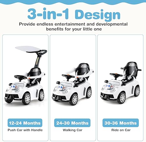 Miniatura 2 de Costzon Coche de empuje para niños pequeños, cochecito 3 en 1, auto deslizante para caminar con asa, toldo, cinturón de seguridad, bocina, música y