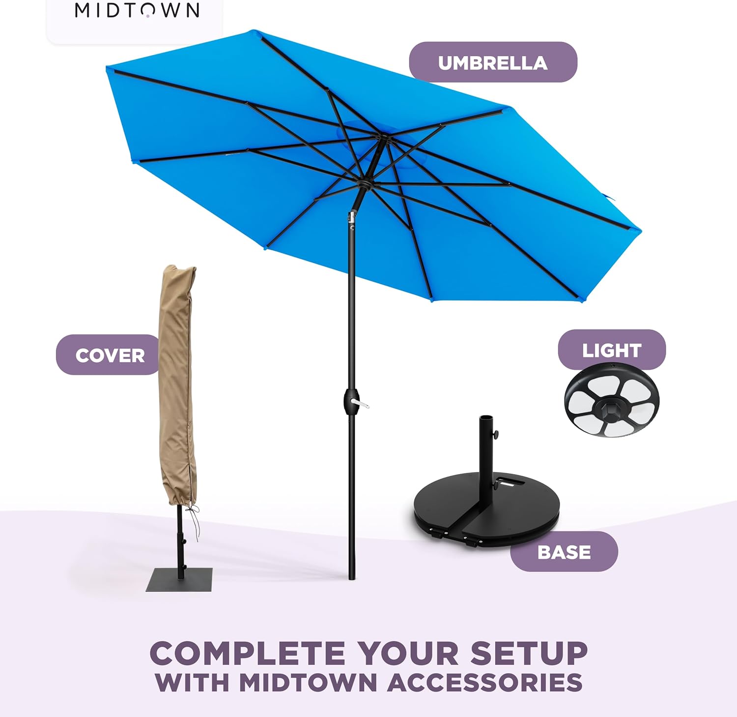 Midtown Umbrellas - 10-Year-No-Fade 9 Ft Patio Umbrella with Terylast Fabric, Auto-Tilt Aluminum Frame and 8 Reinforced Ribs for Deck, Pool, Garden & Beach - Cobalt Blue Canopy, Black Pole
