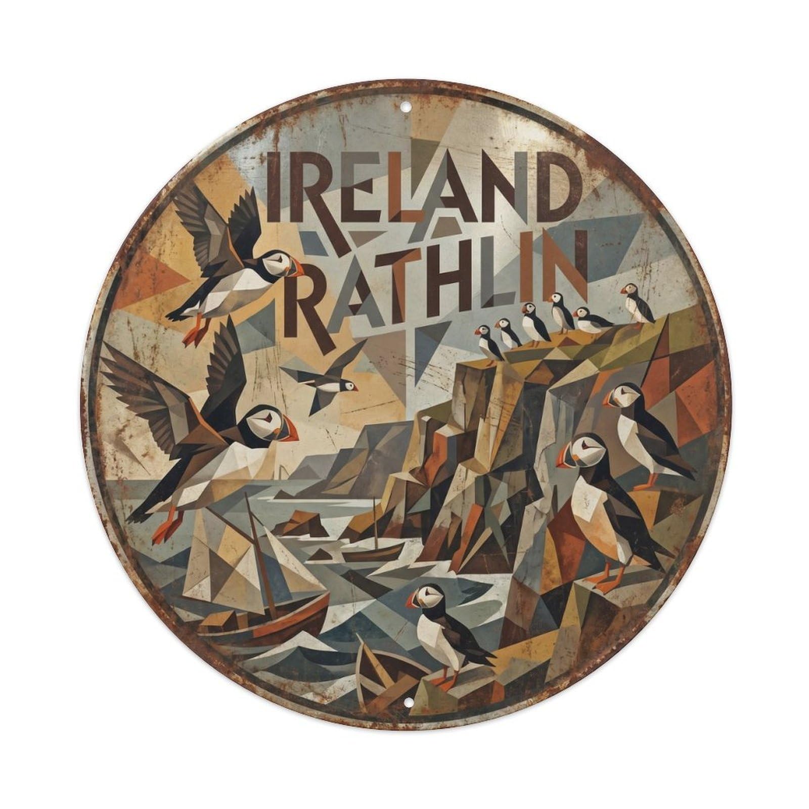 Rathlin Puffins Irish Cubist Wildlife Travel Metal Tin Sign Plaque Wall Decor for Cafe, Man Cave, Club Bar, Office, Home Garden Round Metal Poster 8x8Inch