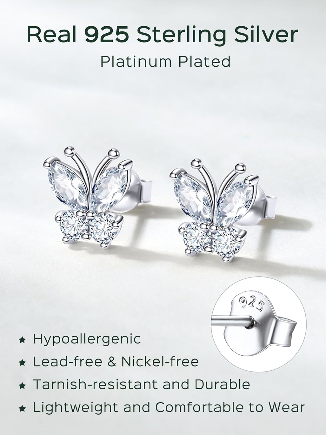 ChicSilver 925 Sterling Silver Butterfly Earrings for Women Hypoallergenic Birthstone Stud Earrings Dainty Butterfly Jewelry Gift for Women