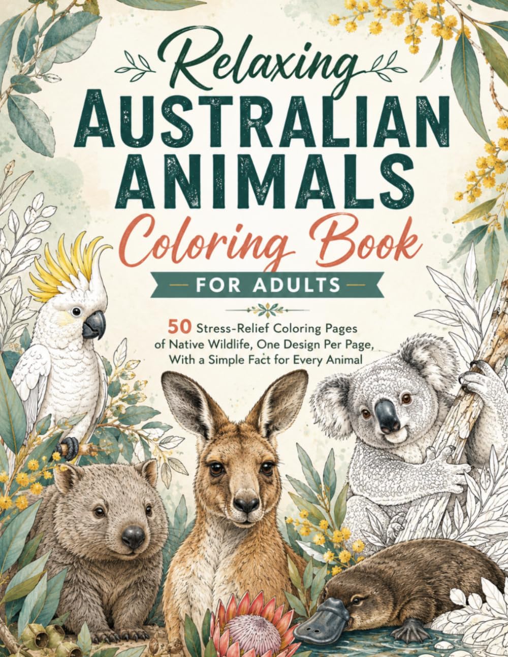Relaxing Australian Animals Coloring Book for Adults: 50 Stress-Relief Coloring Pages of Native Wildlife, One Design Per Page, With a Simple Fact for Every Animal