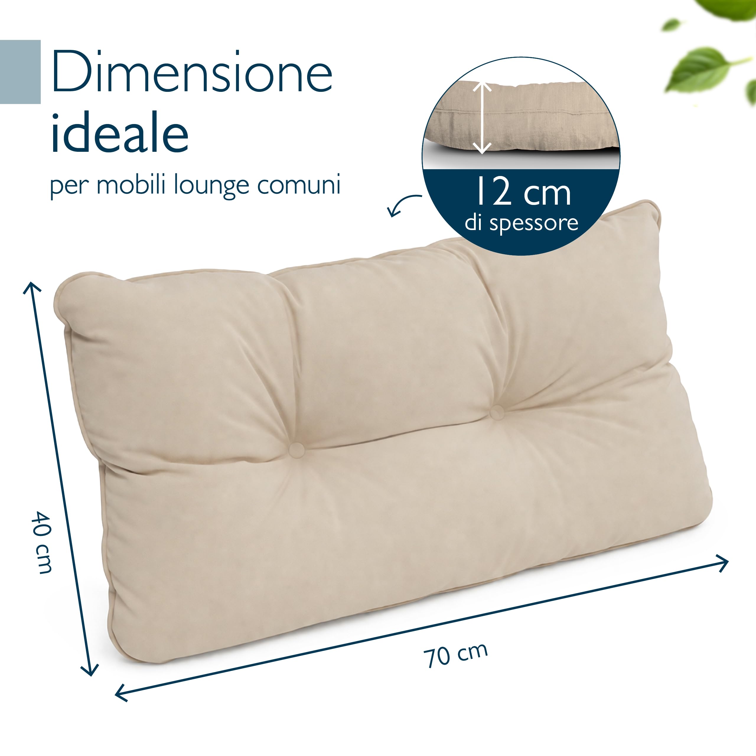 Beautissu Cuscino per Esterno Outdoor - Resistente all'Acqua- Comodo Schienale - 70x40x12 cm - per mobili Rattan e Giardino - Beige Chiaro