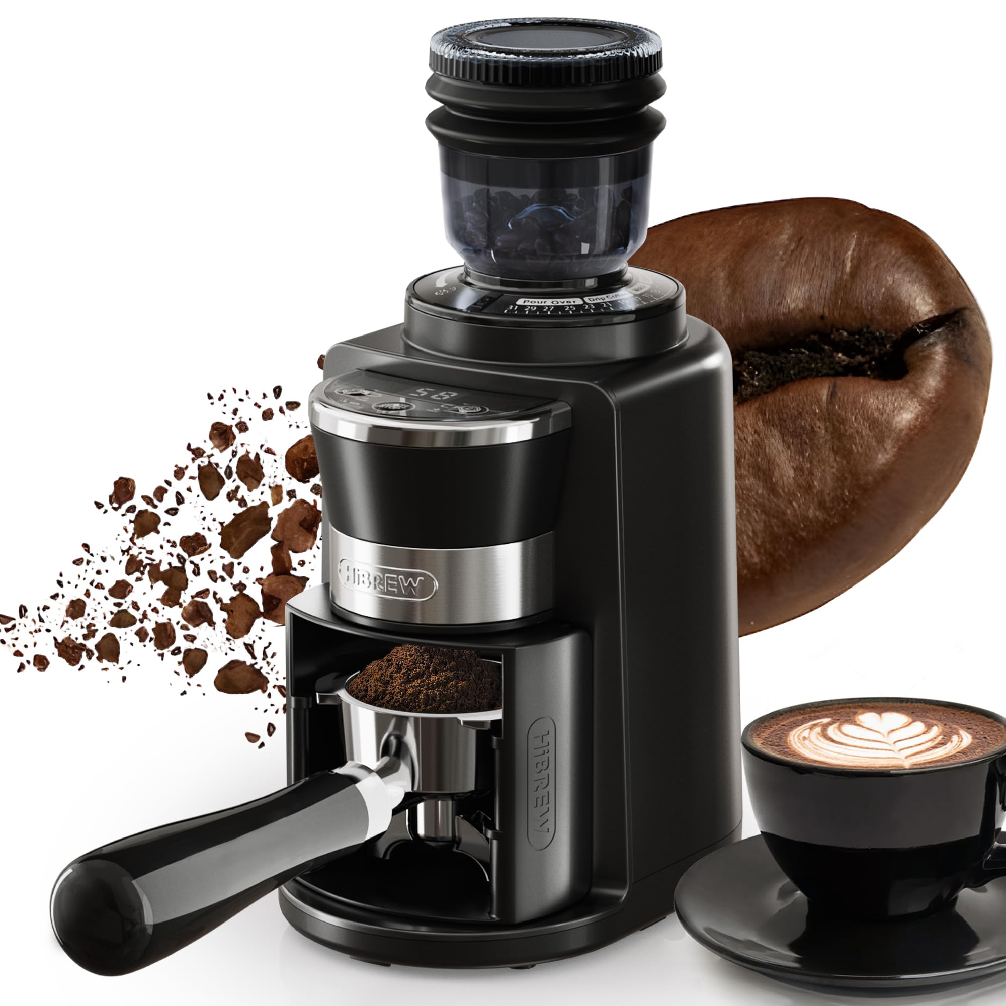 HIBREW Macinacaffè elettrico – Macinacaffè conico in acciaio inox con aroma conservato, tazza singola, 200 Watt, 31 impostazioni di macinazione regolabili