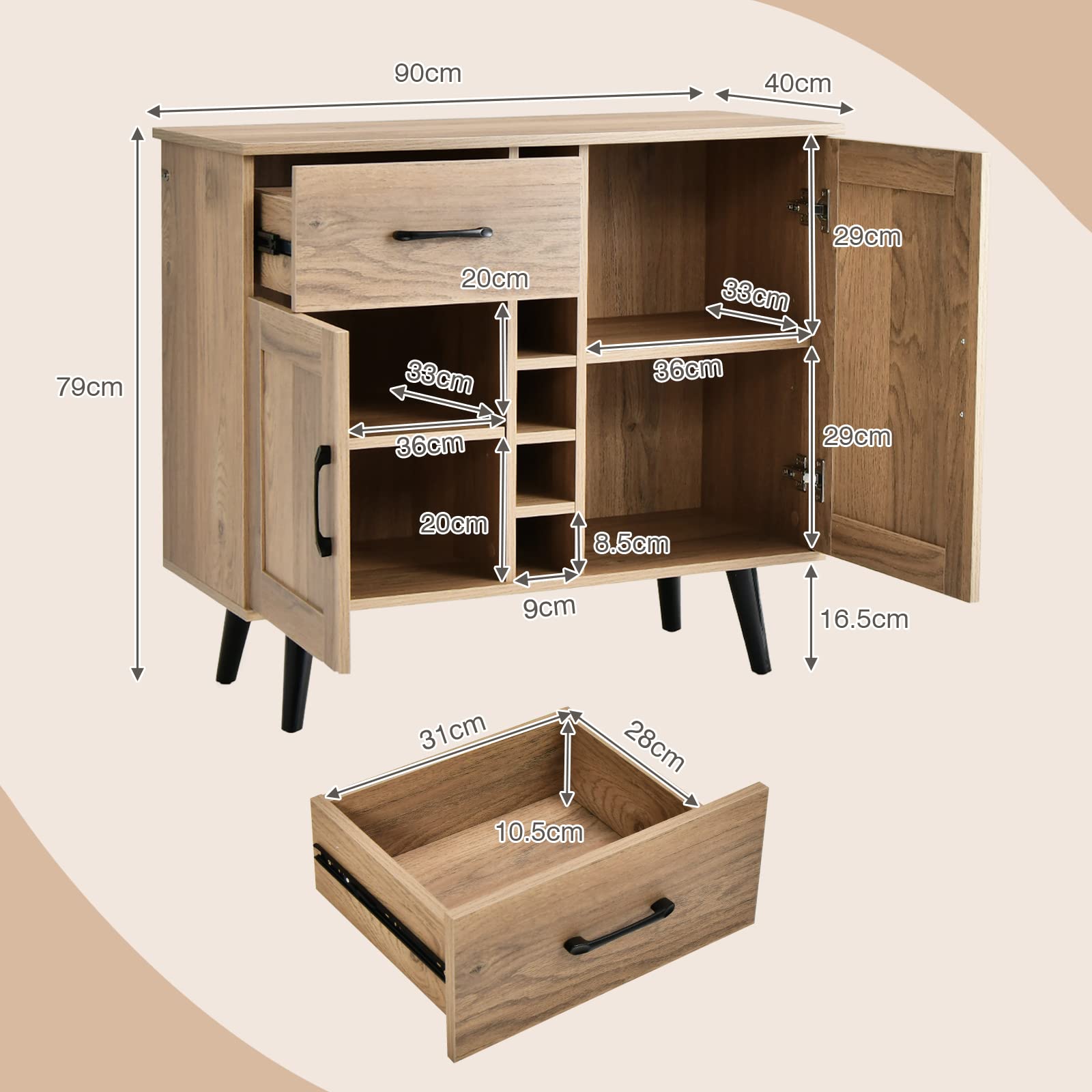 GIANTEX Credenza da Cucina con Porta Vino per 6 Bottiglie, 90 x 40 x 79 cm, Mobile da Bar con 2 Ante e 1 Cassetto, Ripiani Regolabili, per Sala da Pranzo e Soggiorno (Naturale)