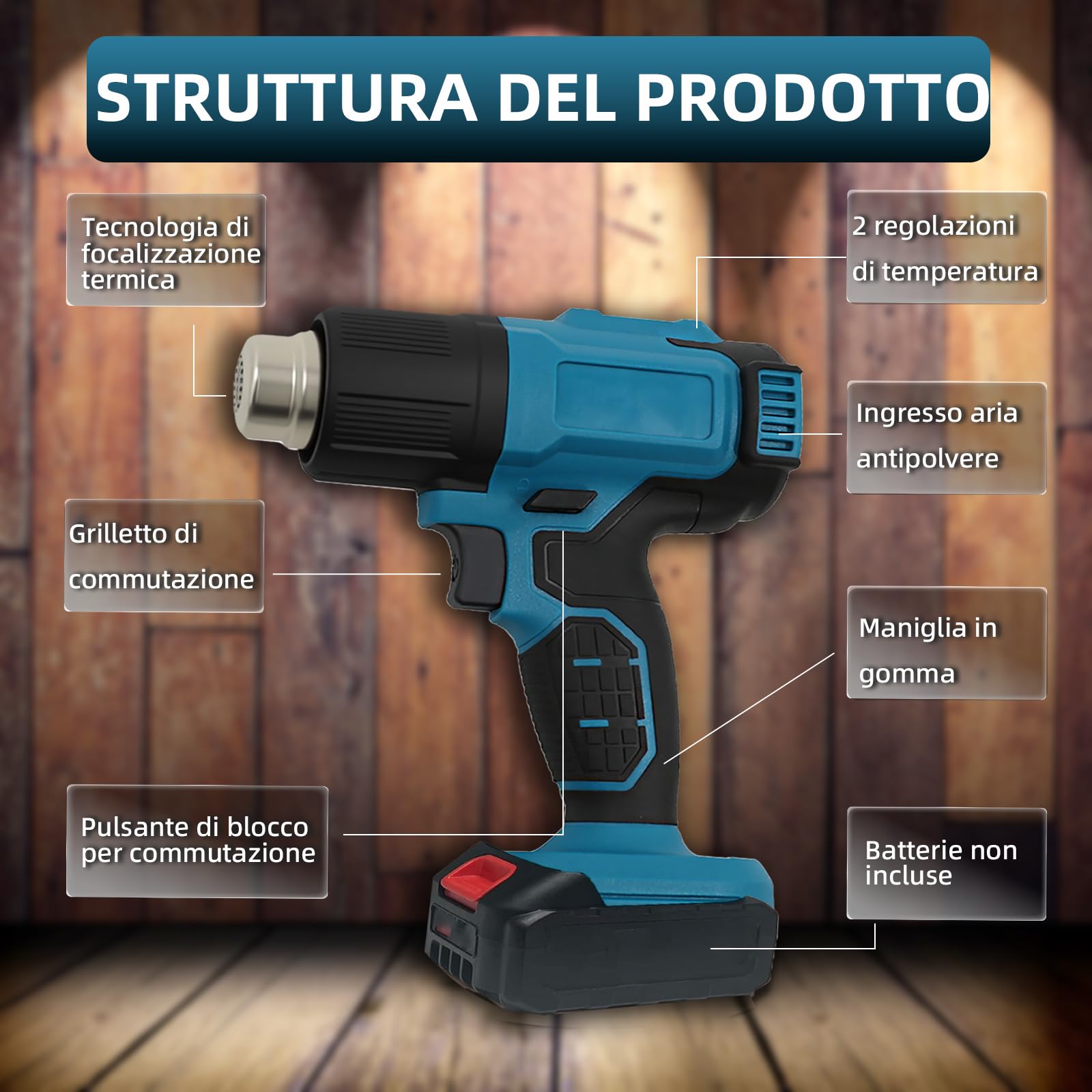 Pistola ad aria calda senza fili 350 W – Compatibile con batteria Makita 18 V 86-1022℉ soffiatore ad aria calda per fai da te, con 3 ugelli e raschietto, senza batteria